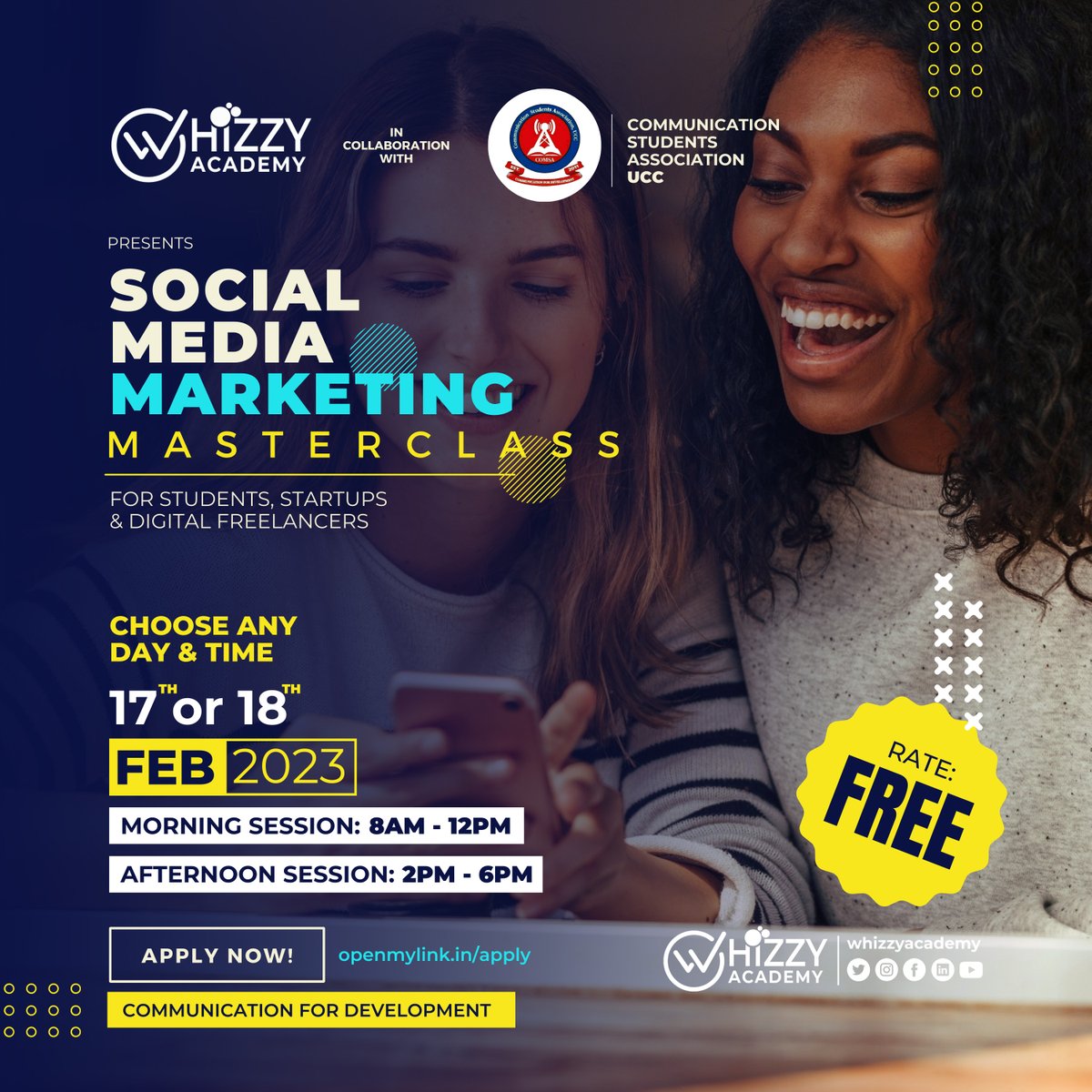WhizzyAcademy's tweet photo. Are you looking for a genuine source of income while still in school?
Join the FREE SOCIAL MEDIA MARKETING MASTERCLASS in the University of Cape Coast.
Apply Now!
https://t.co/Xlagkir0Lt
#whizzyacademy #comsaucc #capecoast #ucc #jobs #digitalmarketing #socialmediamarketing https://t.co/6O2EKMt39u