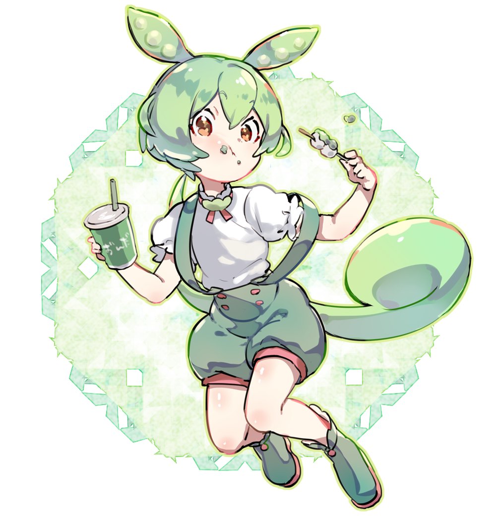 1girl solo shorts suspenders green hair food green footwear  illustration images