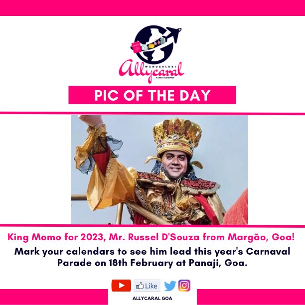 allycaralgoa's tweet photo. Introducing King Momo for 2023, Mr. Russel D'Souza from Margão, #Goa!
Keep watching this space for more #GoaCarnival !
#VivaCarnaval #Carnival2023 #GoaTourism #Festival #WowGoa #Incredibleindia #Parade #Floats #Music #GoanHeritage #GoanCulture #LetsGoa #Festivities #Allycaral https://t.co/Sq6ihrID9H