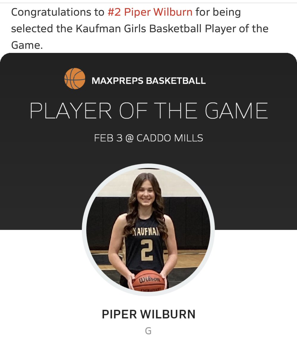 Congrats to Piper Wilburn player of the game vs Caddo. 16 points, 6 rebounds, 4 steals and took another charge! 🦁🏀💪