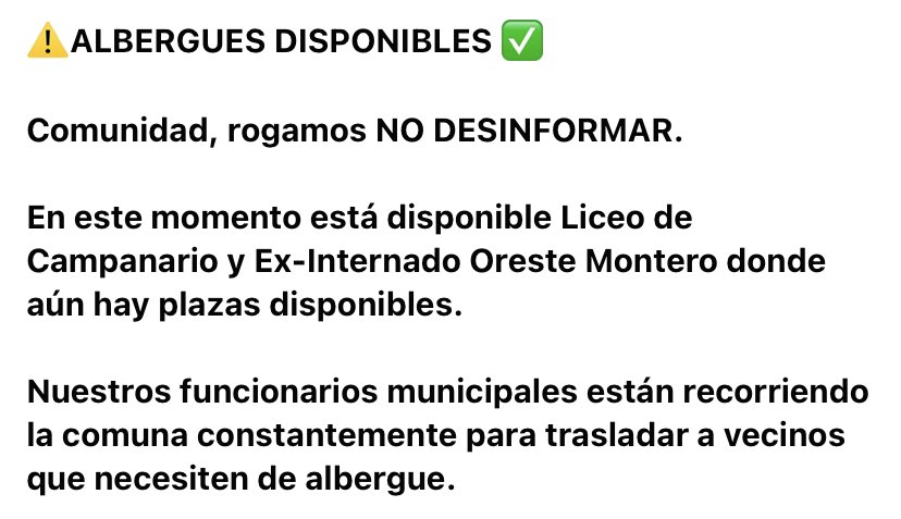 Yungayino_cl's tweet photo. MUNICIPALIDAD DE YUNGAY INFORMA

ALBERGUES DISPONIBLES

En este momento está disponible Liceo de Campanario y Ex-Internado Oreste Montero.

Nuestros funcionarios municipales están recorriendo la comuna constantemente para trasladar a vecinos que necesiten de albergue. https://t.co/Aukv0K4VTu