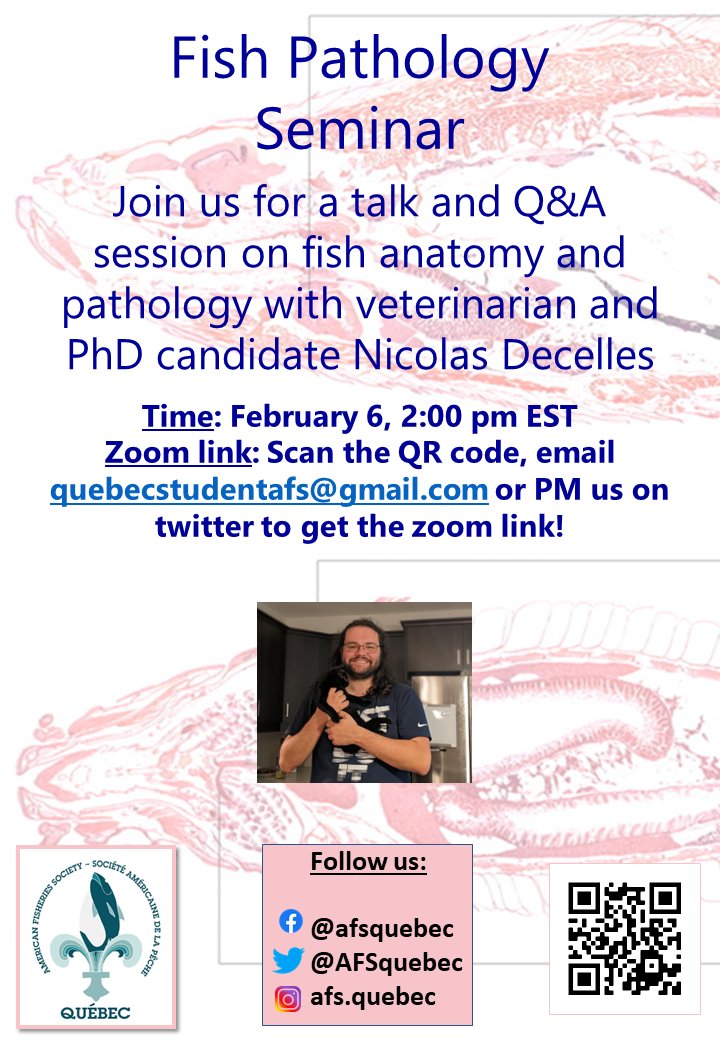 Join us for a fish pathology and anatomy seminar led by fellow AFS member and veterinarian Nicolas Decelles! #americanfisheriessociety #afsqc #fishseminar