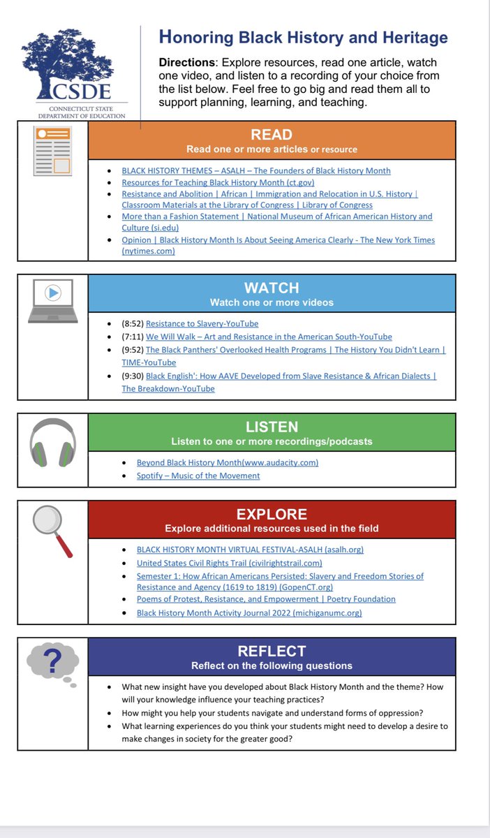 How might we intentionally honor Black History and Heritage? Develop your personal knowledge with the CSDE PD Playlist <a href="/EducateCT/">CT Dept of Education</a> portal.ct.gov/-/media/SDE/CT… #CTLearningHub