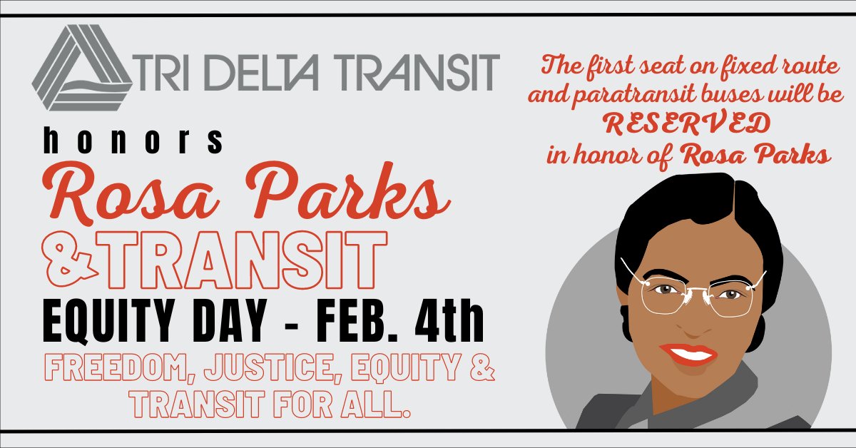 TriDeltaTransit's tweet photo. Today Saturday, February 4th, marks the birthday of Rosa Parks and Transit Equity Day. Tri Delta Transit is honoring her fight by reserving the first seat for her on all fixed route and paratransit buses. 

Post a picture sitting next to her honored seat. 

#trideltatransit https://t.co/EYKk26nXa9