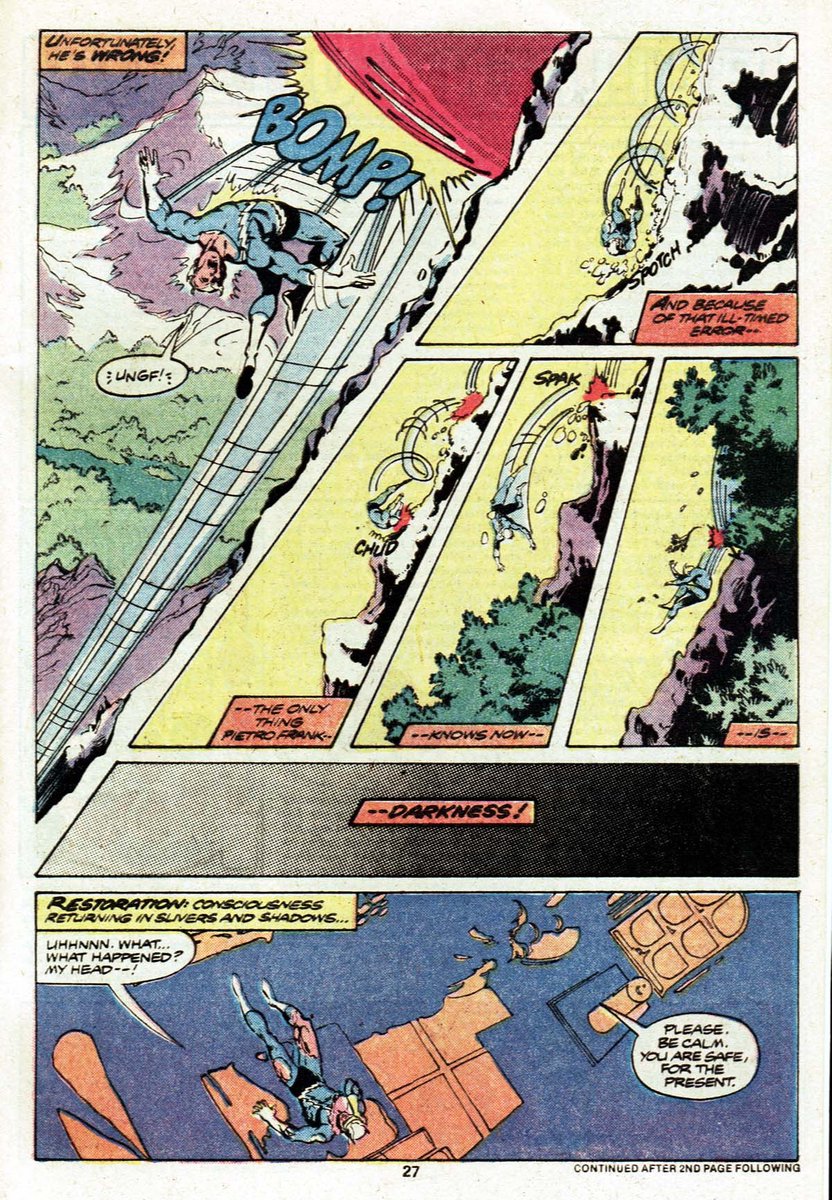 Quicksilver's race up and fall down Wundagore Mountain is thrillingly depicted by John Byrne over two pages from Avengers #185 ⬇️ #howcomixwork #explodingpages