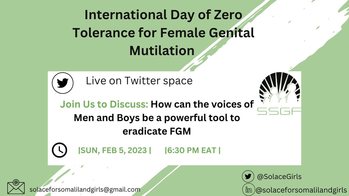 Join us tomorrow night as we discuss the crucial role of men and boys in the fight against Female Genital Mutilation (FGM) on the International Day of Zero Tolerance for FGM. We'll explore how their voices can be a powerful tool in eradicating this harmful practice. 
 #EndFGM