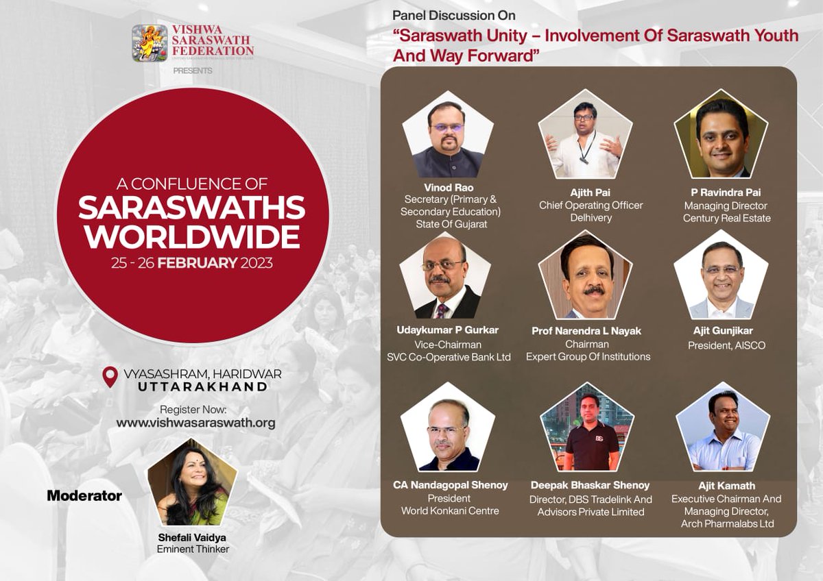 VishwaSaraswath's tweet photo. 'A Confluence of Saraswaths Worldwide-2023'

🔶 Date :25th,26th February 2023 

🔷 Venue : Vyas Ashram, at the banks of Holy River Ganga, Haridwar

🔶Panel Discussion on: Saraswath Unity - Involvement of Saraswath Youth and Way forward

#ConfluenceofSaraswath #VSF @ShefVaidya https://t.co/jgB949tkpg