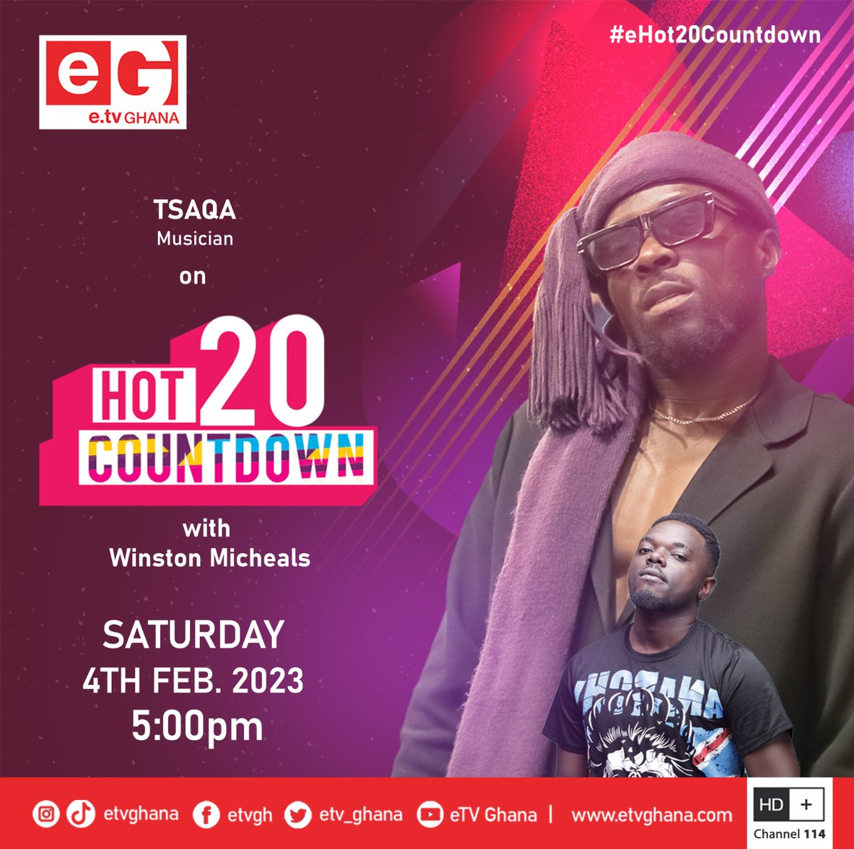 YSportsGh's tweet photo. As always, get entertained this evening on another exciting edition of your ever Hot 20 Countdown show, as @winstonmicheals hosts Sensational Musician @TsaQa_Official.
Do tune in!
#eHot20Countdown https://t.co/97ZcxNRL62