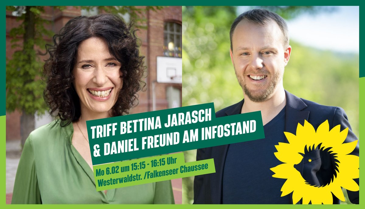 Grüne Spandau (@gruenespandau) on Twitter photo Du hast Fragen an unsere Spitzenkandidatin <a href="/Bettina_Jarasch/">Bettina Jarasch</a> und an <a href="/daniel_freund/">Daniel Freund</a> Mitglied des Europaparlaments?
Dann komm vorbei! Wir freuen uns auf dich.
📌Montag 6.02, 15:15-16:15 Uhr
📌Westerwaldstr./Falkenseer Chaussee Du hast Fragen an unsere Spitzenkandidatin <a href="/Bettina_Jarasch/">Bettina Jarasch</a> und an <a href="/daniel_freund/">Daniel Freund</a> Mitglied des Europaparlaments?
Dann komm vorbei! Wir freuen uns auf dich.
📌Montag 6.02, 15:15-16:15 Uhr
📌Westerwaldstr./Falkenseer Chaussee