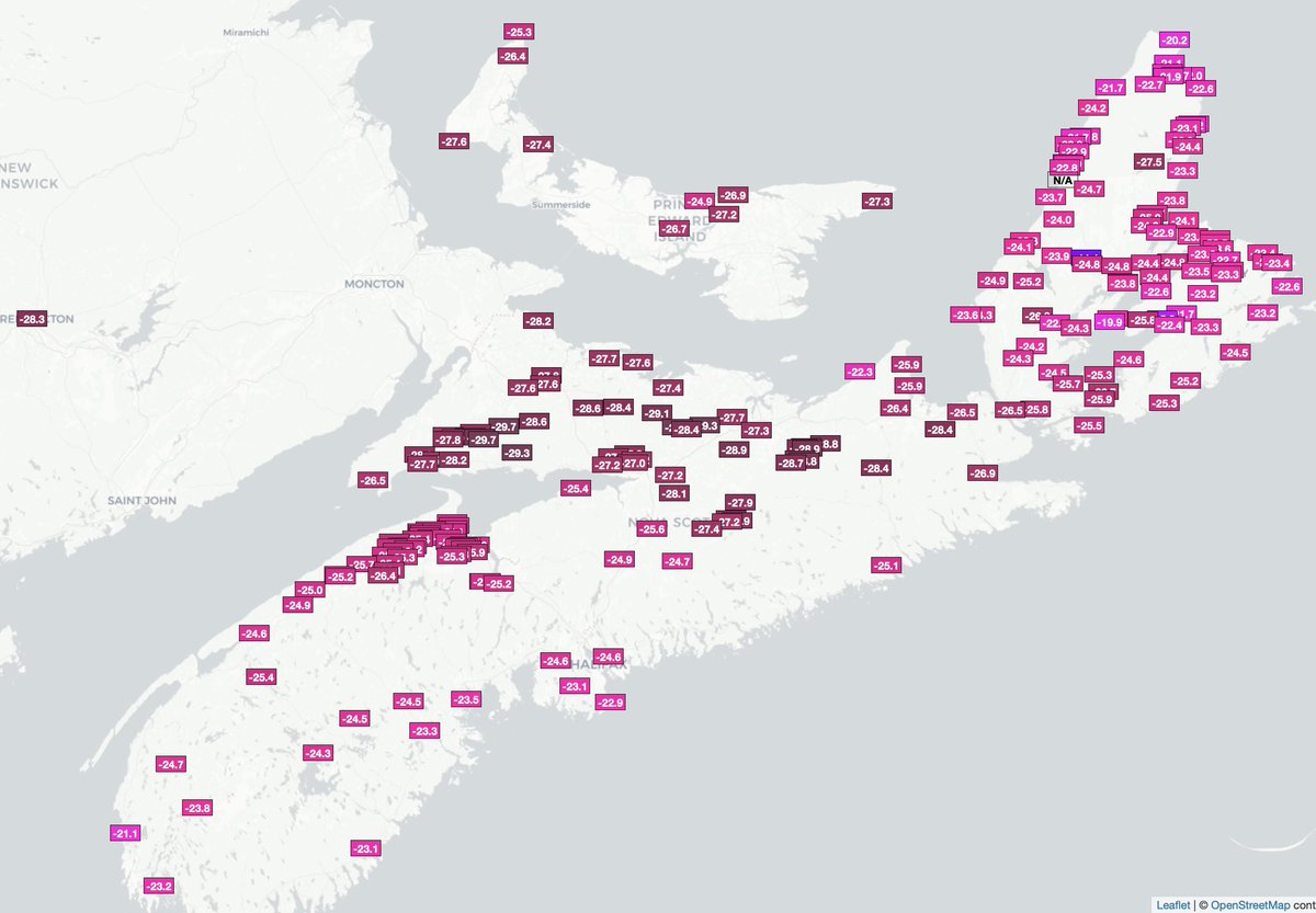 Low temperatures from this historic cold snap. Incredible for advection cooling. Some sites close to -30°C

This must’ve been what it was like to live back in the 1800s when it happened every other winter. Bad news for some types of agriculture, like vineyards. #nswx #nbwx #pewx