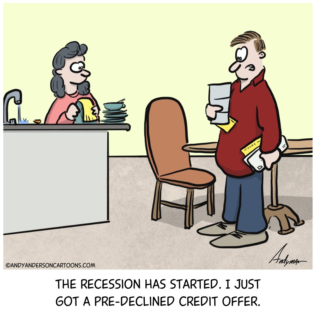 heyAndyman's tweet photo. And so it begins....

If this made you laugh, share it, and follow for more.

#cartoons #cartoonist #recession #credit https://t.co/ZNZCzcy2AC