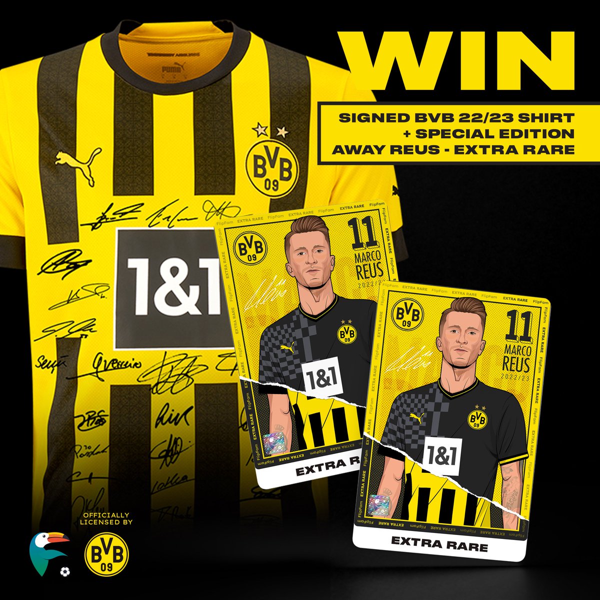 FlipFamHQ's tweet photo. GIVEAWAY TIME ⚫️🟡 @BlackYellow 

Giving away a signed @BVB Shirt and x10 Special Edition Away Reus - Extra Rare’s 🏆

How to enter 👇

🤝 FOLLOW @FlipFamHQ
♻️ RT this tweet
📸 REPLY with a screenshot of a BVB x FlipFam: Series 1 Trophy you have collected

Good luck players! 🍀✨ https://t.co/FuQo7Rnm7r