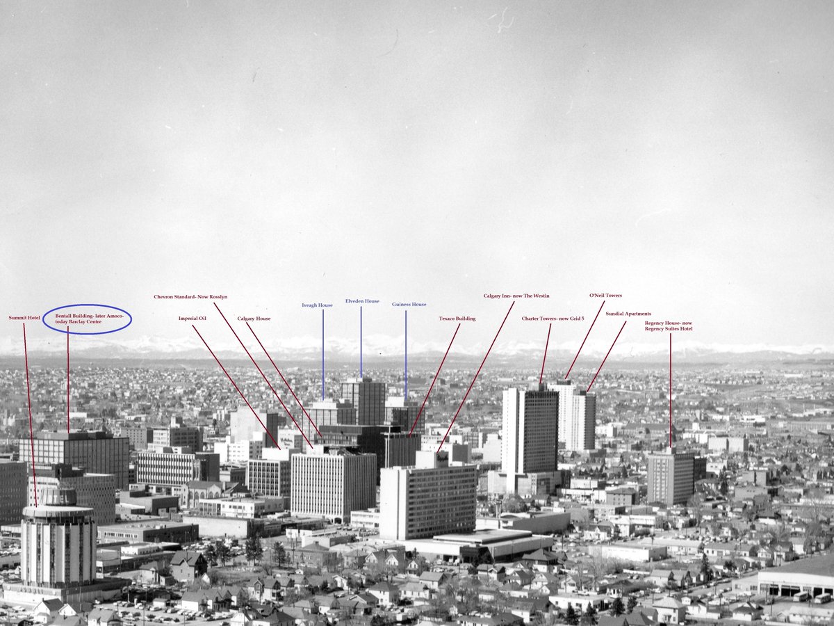 Many of Calgary’s skyscrapers built in the 1950s, 60s and 70s have been updated over the years.
But the most dramatic makeover would be that of the 1959 Bentall building (Barney Bentall’s family) in 1998.
Before renos, it was a home for Amoco Canada and is now the Barclay Centre.