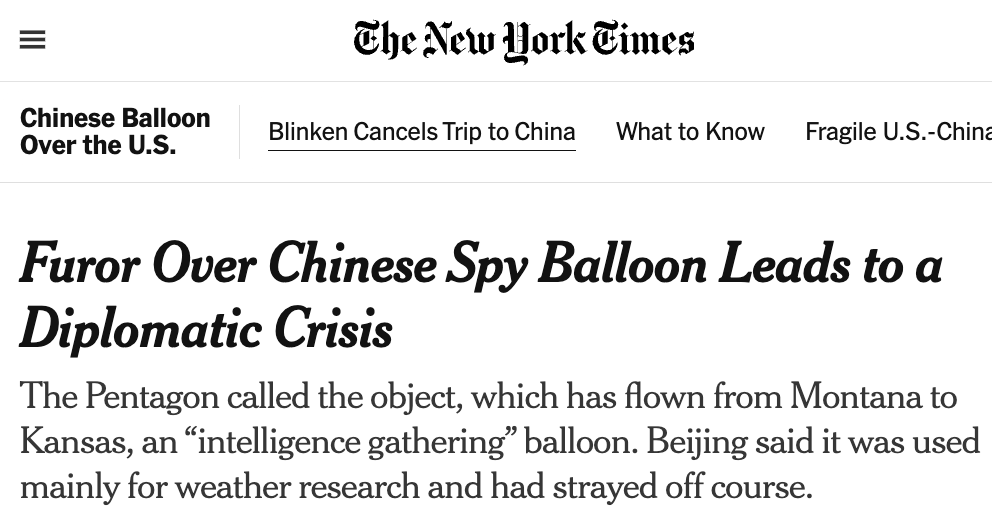 qiaocollective's tweet photo. Every single US story about China proceeds from this absurd founding assumption: China is not a "normal" country, but an "enemy nation" and existential threat to the U.S. 

Which is why coverage of runaway weather balloons looks wildly different when it's a country like Canada. https://t.co/GHIZAEQY2O