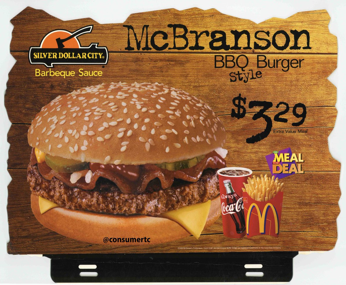 consumertc's tweet photo. In 1998, McDonald's offered the MCBRANSON BBQ BURGER at Southwestern Missouri locations. The sandwich was a QPC with round bacon and "Silver Dollar City Barbeque Sauce." Other cities might be bigger, but Branson, MO is one of few that can lay claim to its own McDonald's menu item https://t.co/4WVPB4yUmk