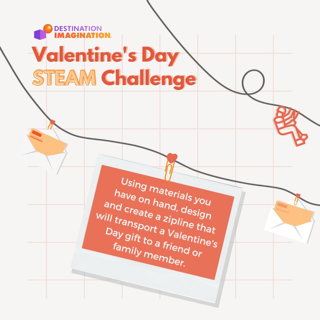 IDODI's tweet photo. Get creative this Valentine's Day with our mini zipline STEAM challenge! You can use materials you already have on hand and tailor the timing. Don't forget to share your creative solutions with us!
#DestinationImagination #InstantChallenge #STEAMeducation https://t.co/N8opDA83AL