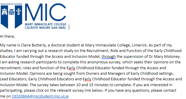 Hi everyone, I am looking for research participants to engage in my research for my PhD
Owner/Manager Survey Link forms.office.com/e/anXv9Hum3S  
Lead Educator/Educator Survey Link forms.office.com/e/2aj4kzL6VA  
Early Childhood Educator Funded through AIM Survey Link forms.office.com/e/XGjUdYa5bt