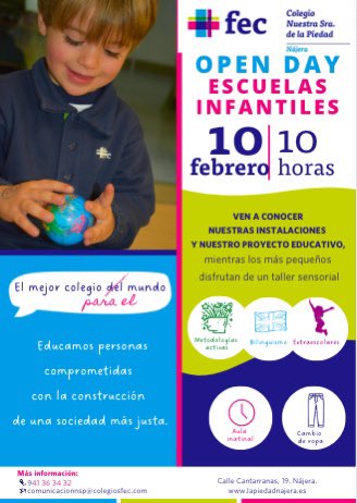 🏫VEN A CONOCERNOS👩🏽‍🏫
El próximo 10 de febrero realizaremos una jornada de puertas abiertas para todo aquel que desee conocernos. Si estás interesado, puedes completar el formulario que encontrarás en nuestra página web: wwww.lapiedadnajera.es 
Os esperamos! 
#somosfec #openday