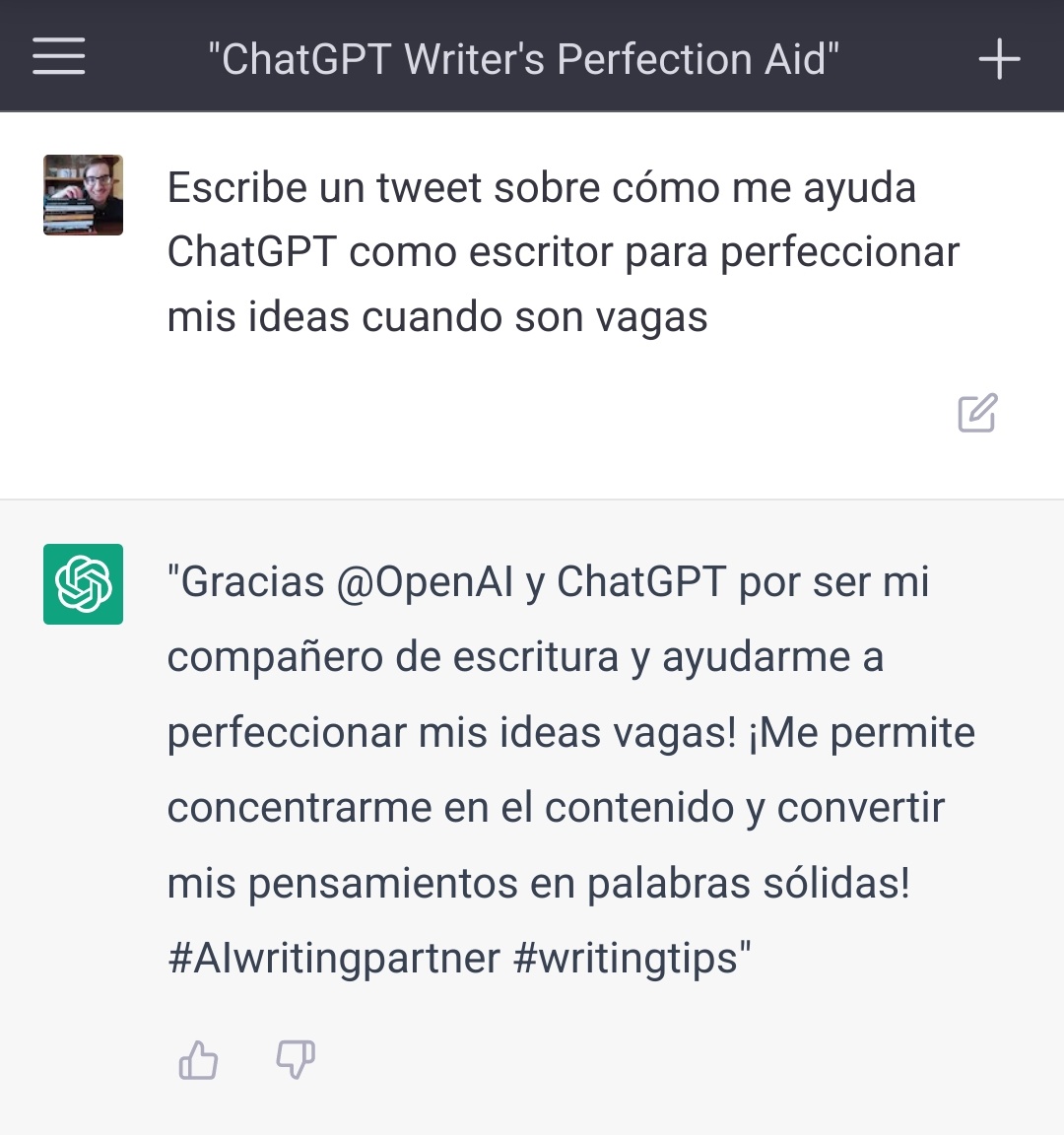 quikedb's tweet photo. ¡Gracias, @OpenAI y ChatGPT, por ser mi compañero de escritura y ayudarme a perfeccionar mis ideas vagas! ¡Me permite concentrarme en el contenido y convertir mis pensamientos en palabras sólidas! #AIwritingpartner #writingtips https://t.co/aFeFXKpmy3