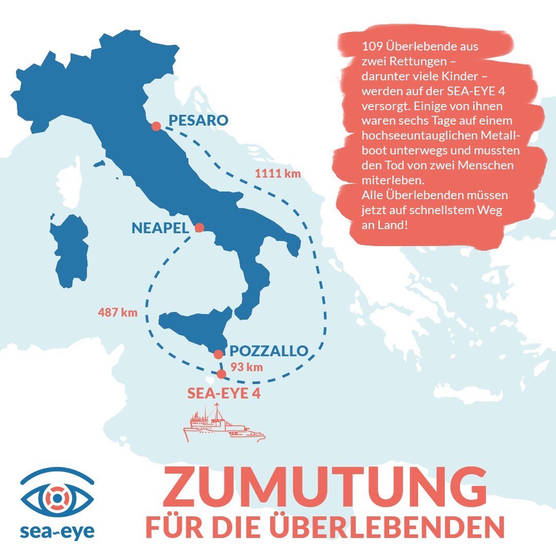 Zunächst wies Italien den Überlebenden auf der #SEAEYE4 das über 1000 km entfernte Pesaro zu. Nachdem der Kapitän protestierte, ist es nun Neapel. Die Entfernung und die damit verbundene Dauer der Fahrt ist immer noch eine Zumutung für die Überlebenden! /1