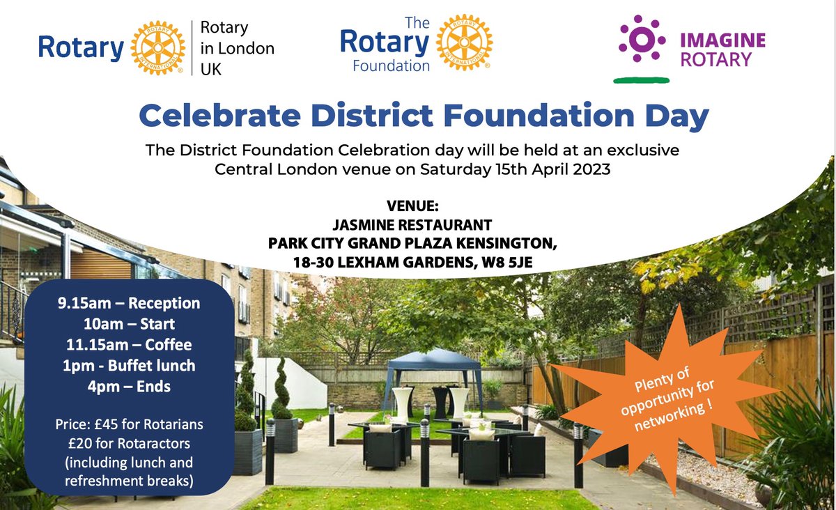The District Foundation Celebration Day with top notch international speakers and including the club awards for the last Rotary Year is now confirmed for April 15th. A special price is available for Rotaractors. Please Register : legacy.rotary1130.org.uk/index.php?c=c&…