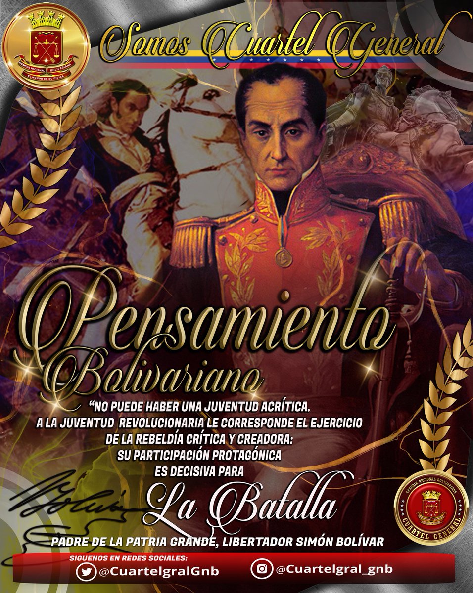 #04Feb Somos Fieles soldados de la insigne #GNB, cuyo honor fulgura en el pensamiento bolivariano, forjado por el Gigante de América Latina, Padre de la Patria Grande, Libre y Soberana; Libertador Simón Bolívar.

.@GnbGaranteDePaz
.@GNBCmdtGral