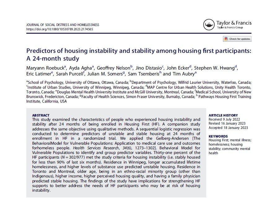 New publication by  <a href="/RoebuckMaryann/">Maryann Roebuck</a> &amp; co. on characteristics of #HousingFirst recipients experiencing housing difficulties at 24 mos. Findings identify HF supports needing to be strengthened tinyurl.com/2hsnddkw