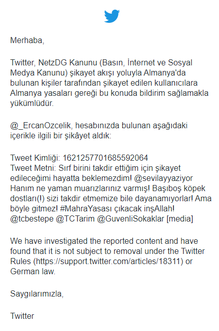 Yahu ne tuhaf insanlar varmış Almanya'da!
Sevilay Hanımı @sevilayyaziyor takdir ettiğim twitimi şikayet ettikleri için şaşırdığım twitimi de şikayet etmişler! 😅
Yahu sizin işiniz gücünüz yok mu? 
Ne yaparsanız yapın #MahraYasası çıkacak inşAllah!
@RTErdogan @GuvenliSokaklar