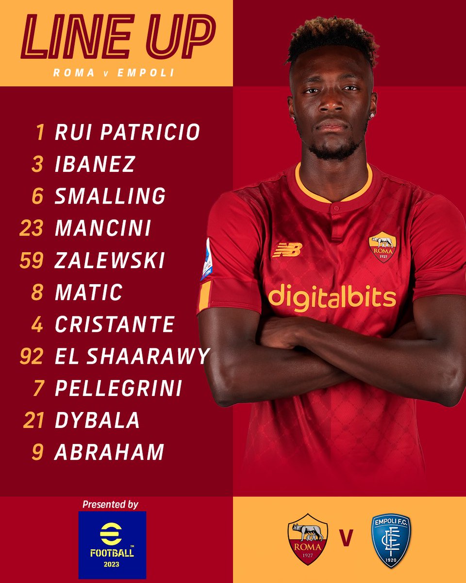 OfficialASRoma's tweet photo. 📋 Ecco la formazione scelta da José Mourinho per #RomaEmpoli

🟨 DAJE ROMA DAJE! 🟥

#ASRoma https://t.co/Ql8LTQo76x