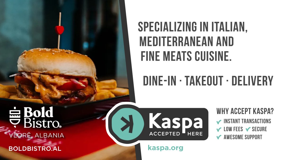 kaspaunchained's tweet image. 🎉$Kaspa Accepted Here!  Congratulations, Bold Bistro in #Vlorë, #Albania!

The first restaurant to accept #Kaspa !

kaspa.org/directory/bold…

#Fast #Secure #CommonCurrency  #DAG