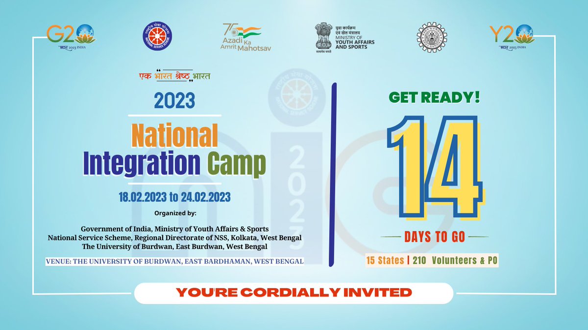 _nssbu's tweet photo. National Integration Camp 2023 is only 14 days away! Are you ready?

Venue: The University of Burdwan, East Burdwan, West Bengal

#nic2023 #nss 

@rdnss_kolkata @_NSSIndia @ianuragthakur @Nyksindia https://t.co/gO0OzYA9p9