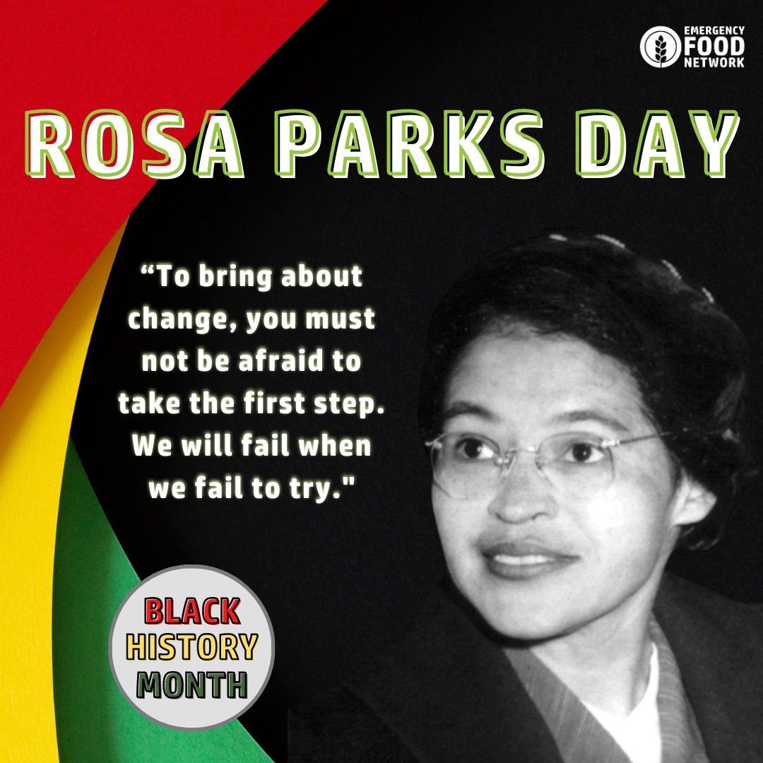 EFN is proud to honor Rosa Parks an icon of the Civil Rights Movement.

#emergencyfoodnetwork #efn #rosaparks #rosaparksday #rosapark #bhm #blackhistorymonth #blackhistorymonth2023 #blackhistorymonthfacts #blackhistorymonthquotes #blackhistorymonth365 #blackhistory