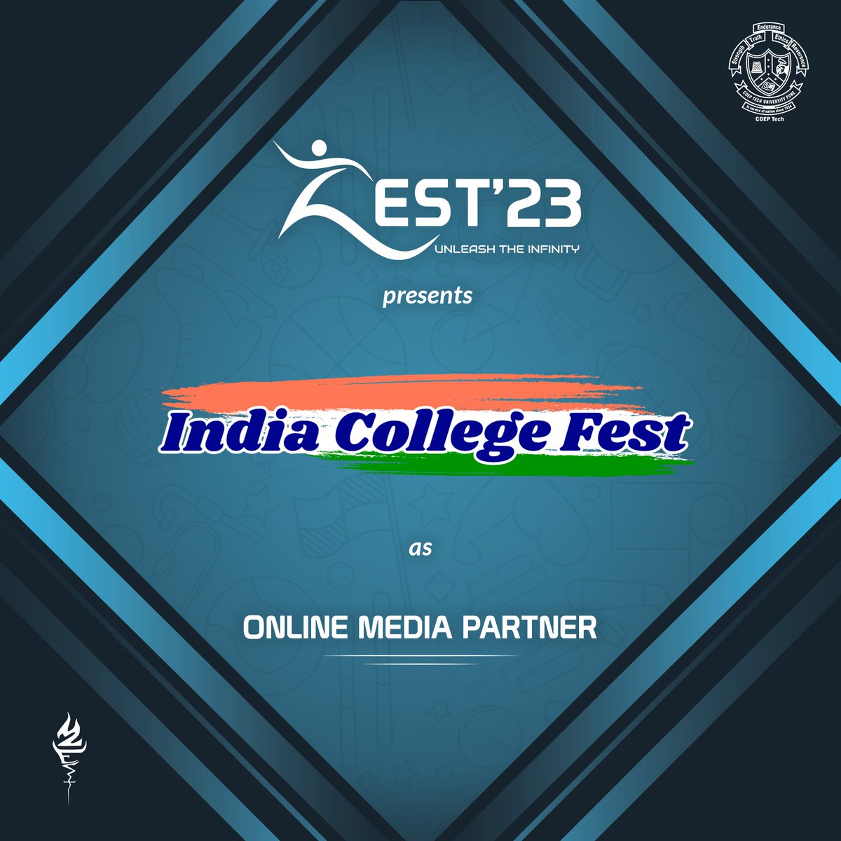 CoepZest24's tweet photo. ZEST'23 is glad to have India College Fest as our Online Media Partner.
#unleashtheinfinity #zest23 #pune #mediapartner #7daystogo #gozest https://t.co/eJx4oRCJPI