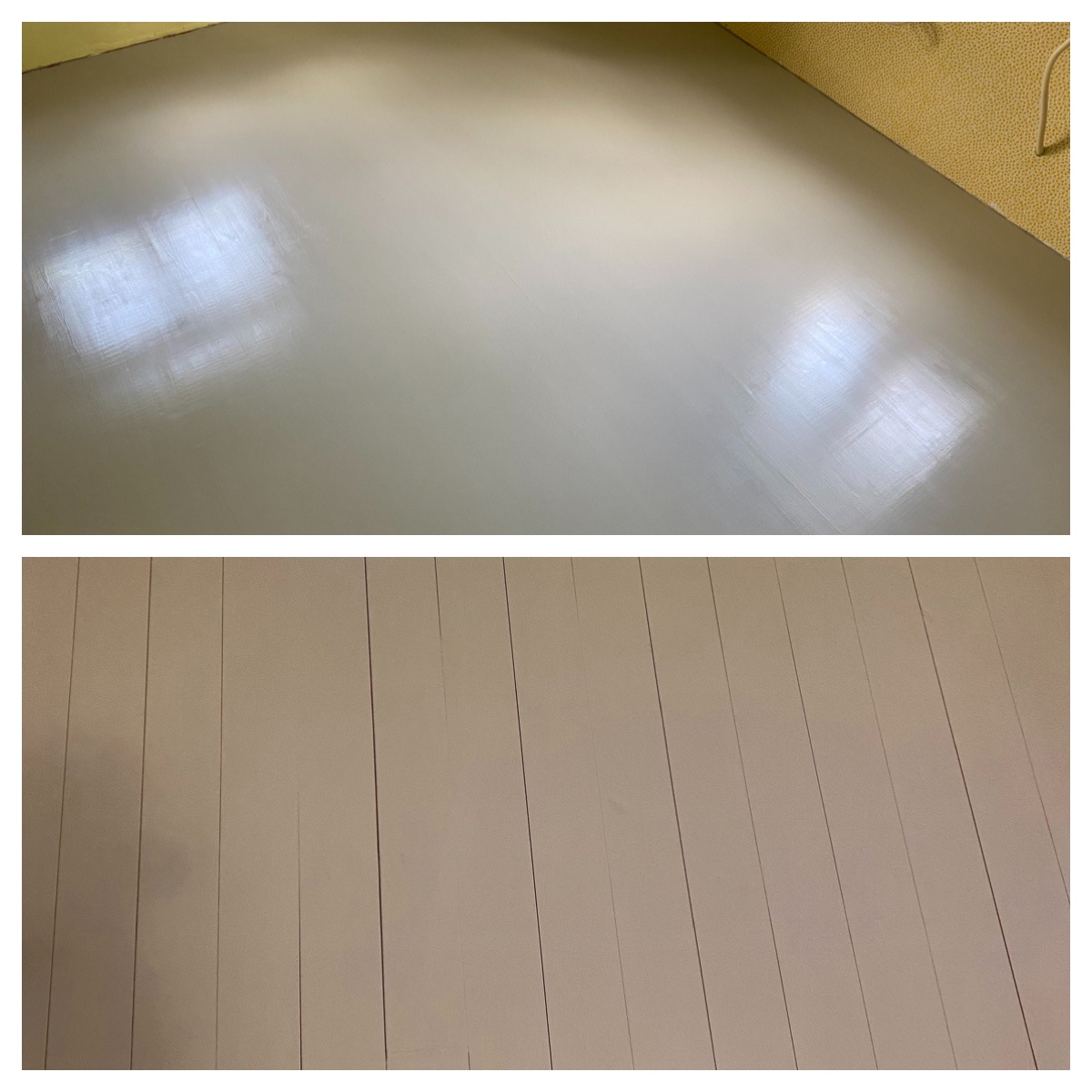 Keittiön (lauta)lattia yläkuvassa juuri uusittuna&amp;maalattuna sekä alakuvassa 7kk myöhemmin. Rakastan sitä, kun talo (ja lattia) elää. #vanhatalo