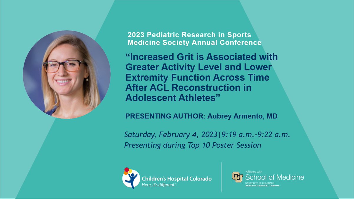 Childrenās Colorado Research and Innovation (@childrensco_pro) on Twitter photo During the Top 10 Poster session, <a href="/ChildrensColo/">Children's Hospital Colorado</a> expert <a href="/AubreyArmentoMD/">Dr. Aubrey Armento</a> will be presenting her research on increased grit and how it is linked to #ACL reconstruction in young #athletes. #PRISM2023 During the Top 10 Poster session, <a href="/ChildrensColo/">Children's Hospital Colorado</a> expert <a href="/AubreyArmentoMD/">Dr. Aubrey Armento</a> will be presenting her research on increased grit and how it is linked to #ACL reconstruction in young #athletes. #PRISM2023