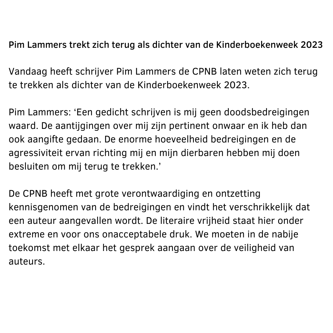 cpnb's tweet photo. Pim Lammers trekt zich terug als dichter van de Kinderboekenweek 2023. https://t.co/Zfj1zpKtNY