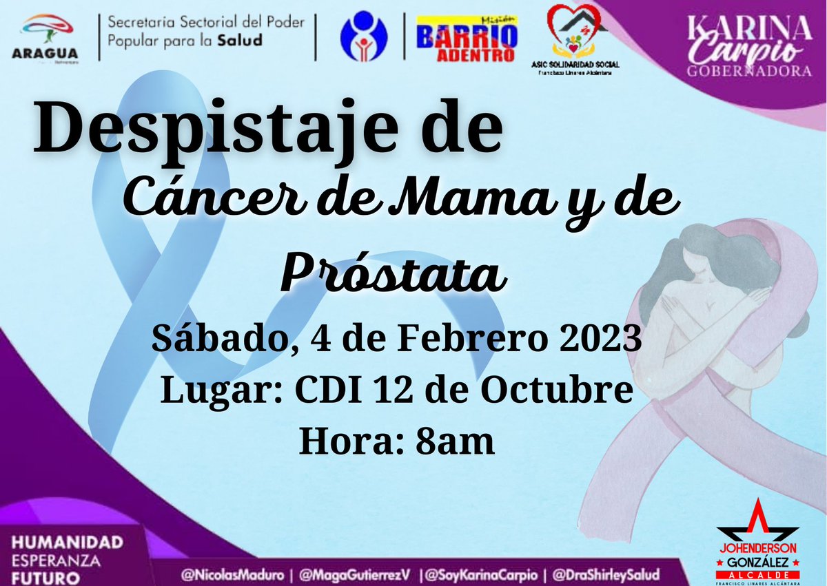 Desde el CDI 12 de Octubre estarán realizando el día de hoy Sábado, Despistaje de cáncer de mama y de Próstata.
¡Trabajando para el pueblo de Linares!💙
#4FRebeliónContraElImperio 
#LinaresModernoYProductivo
#LinaresRebelde2023