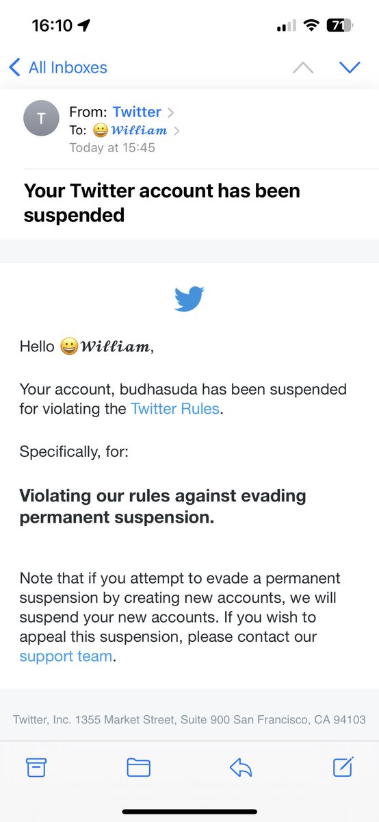 At some point, 10+ years ago, someone registered @buhdasuda using a variant of his gmail address (without the full-stops). Last month someone was trying the password reset. (Just ignored it). They managed to get in, because today got this suspension email!