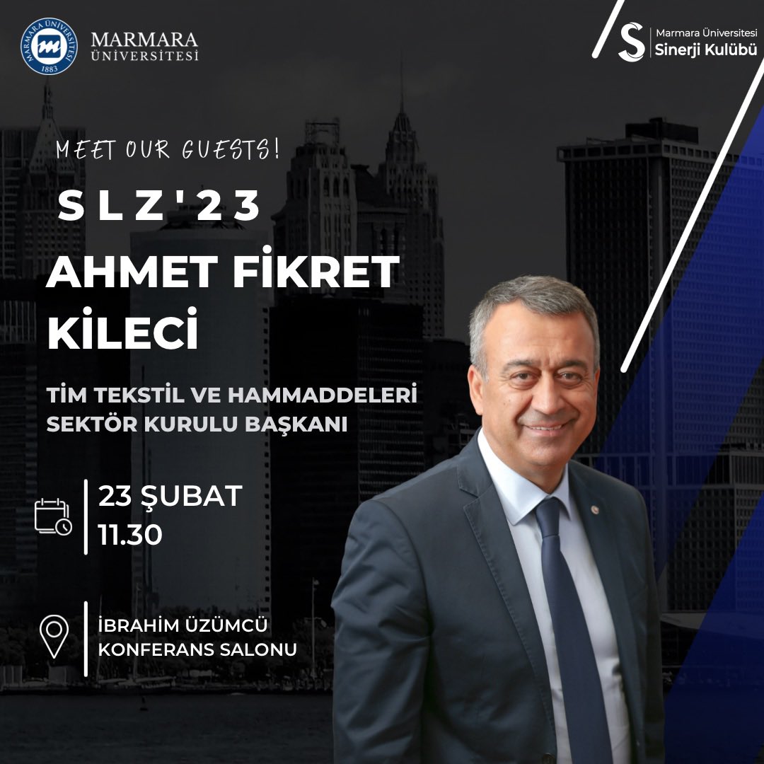 TİM Tekstil ve Hammaddeleri Sektör Kurulu Başkanı Ahmet Fikret KİLECİ, 23 Şubat’ta bizlerle! 

#SinerjiLiderlikZirvesi
#SLZ23
#sinerjiyikeşfet