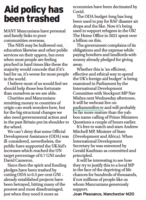 GlobalJustManc's tweet photo. Nice to see the abuse of .@UKAidDirect being challenged in today's M.E.N.  Let's hope @NavPMishra &amp; @SarahChampionMP with @CommonsIDC 
 get good answers from @FCDOgovUK @AndrewmitchMP @RobertJenrick @JohnGlenUK. https://t.co/f2c5ibBvUs