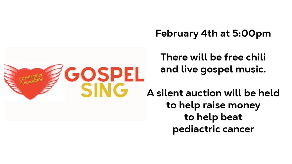 fbcneosho's tweet photo. Join us today at 5pm for the Christopher Foundation Chili Supper and Gospel Sing with a silent auction to raise money to help fight pediatric cancer! https://t.co/b0tohhWgKP