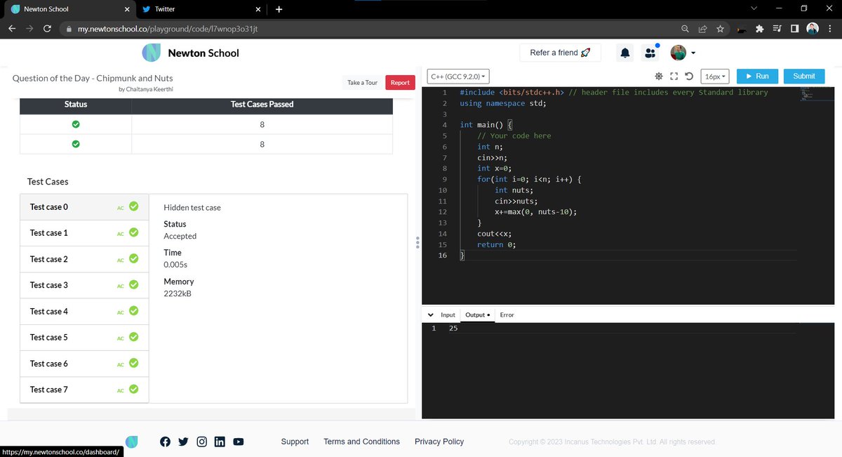 chaitanya8921's tweet photo. Hey friends, I just completed Day 36 of the 51 Days of Code Challenge with the @newtonschoolhq community.
Today I solved the question - Chipmunk and Nuts
#newtonschooldiscord #51daysofcode #30Daysofcode #100DaysOfCode https://t.co/UKNRnON3hz