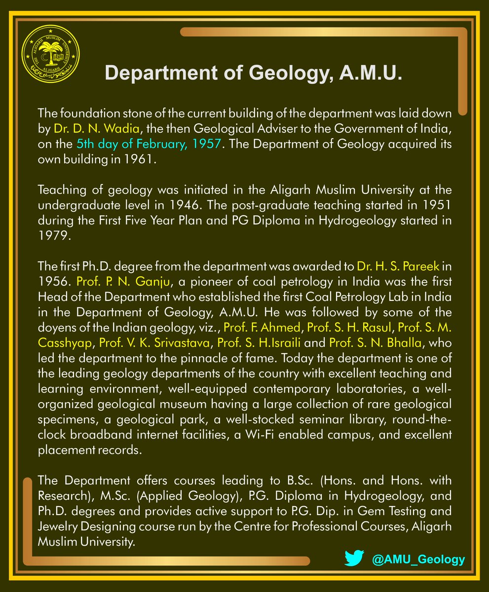 AMU_Geology's tweet photo. Today is the 67th #FoundationDay of @AMU_Geology

Dr. D.N. Wadia, then Geological Adviser to the Govt of India, laid the foundation stone of the Department of Geology, A.M.U. on 5th Feb 1957

@ProfTariqManso1 @AMUofficialPRO @AMUNetwork @wadia_institute 

#OnThisDay #AMU #Geology https://t.co/fKXZH72mGm