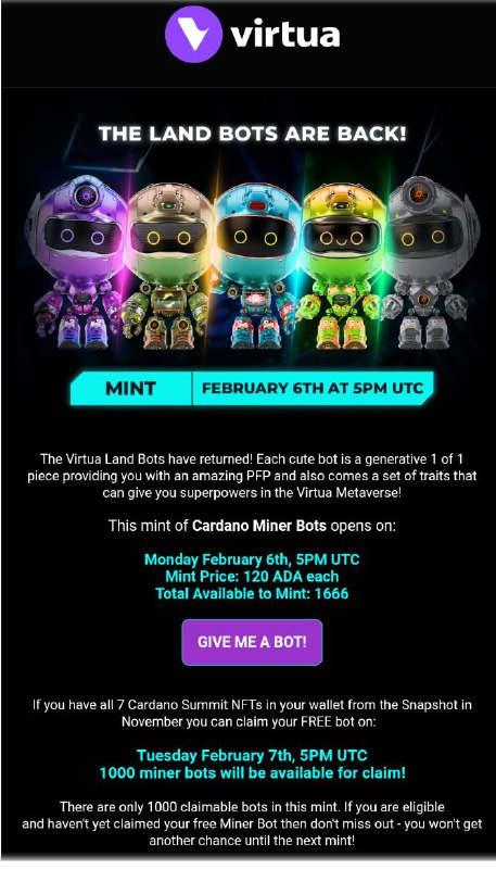 Dr_shwetaPHD's tweet photo. 🔥🔥R you ready?
✅The Land 🤖 Bots are Back!
📌Mint 6th Feb @ 5PM UTC
Mint Price: 120 ADA Each!
Total 🤖: 1666
#Metaverse #Virtua #CardanoIsland #MonsterZone #Cardano https://t.co/limFjnmus8