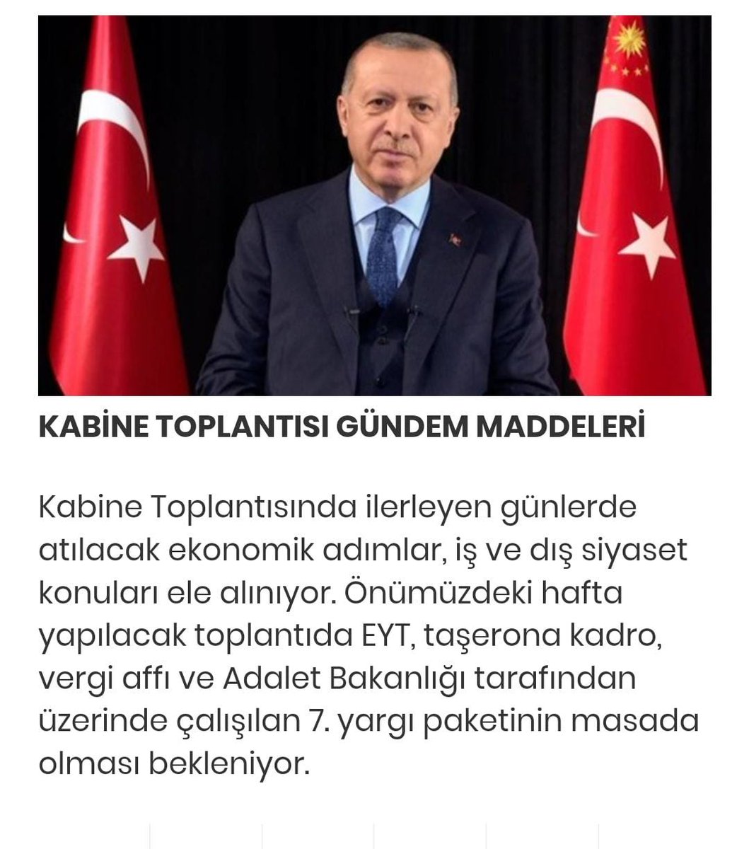 Kabine Gündem Maddesi Belli Oldu..

Pazartesi Günü Kabinede Yer Alacak Konular arasında ;  #TaşeronaKadro ,#VergiAffı ,#EhliyeteAffı ,#SskAffı ,#BağkurAffı , ve #MahkumAffı, #ÜcretliÖğretmenler 'e verilecek Kadronun yer alacağı ifade ediliyor..