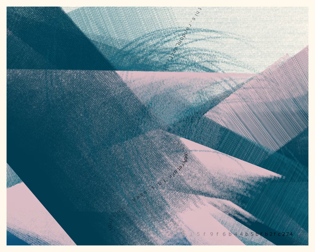 Thanks to those who've collected Symbol 1! Based on convos in discord, just want to confirm that the image is made entirely of text of the algorithm that created it. In some parts the text is so thick it disappears, and in others it's readable. #generativeart #genart #genuary