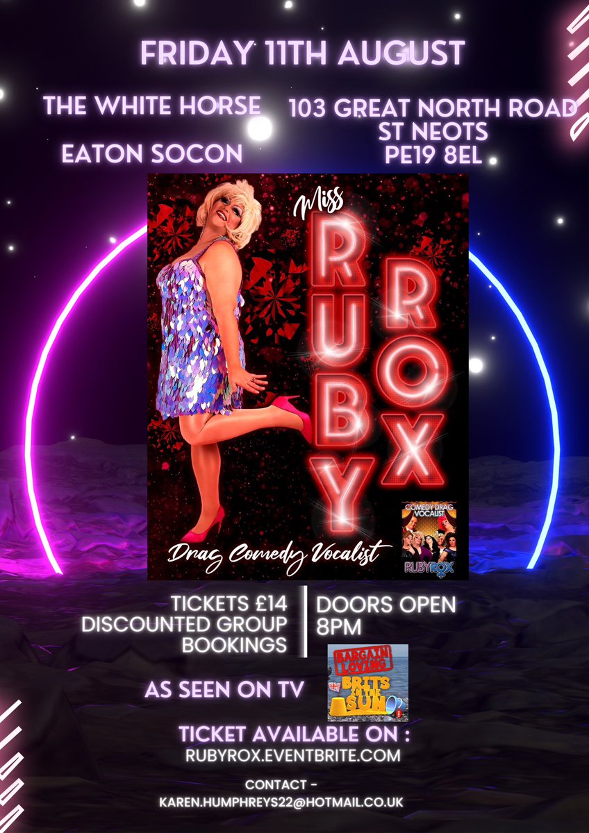 Ruby Rox is coming to Cambridgeshire!All the way from benidorm this hilarious live singing show is not one to miss!!
rubyrox.eventbrite.com
 As seen on #bargainlovingbrits #dragqueen #showtime #Benidorm #spain
