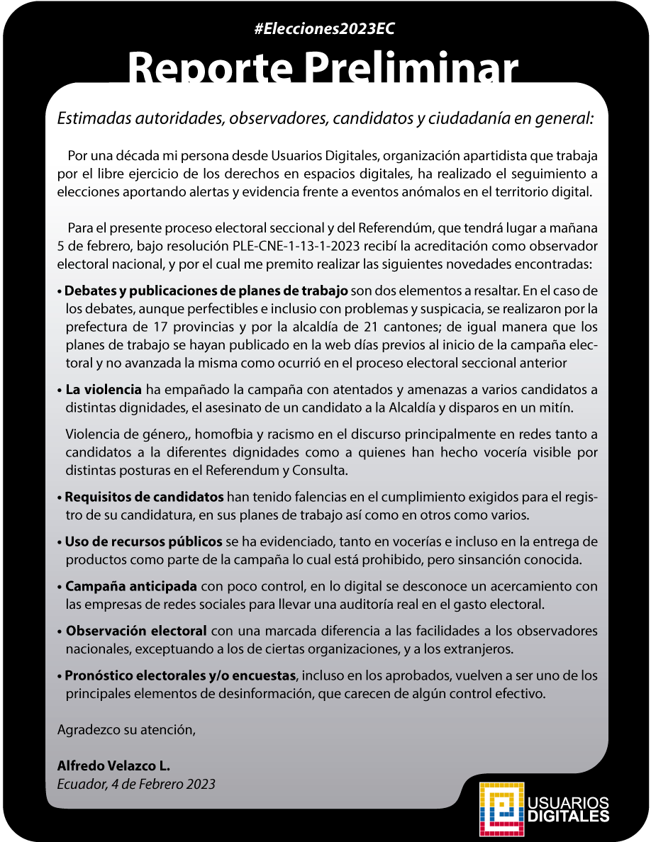 usuariosdigital's tweet photo. #Elecciones2023EC #ObservacionElectoral

𝗥𝗲𝗽𝗼𝗿𝘁𝗲 𝗣𝗿𝗲𝗹𝗶𝗺𝗶𝗻𝗮𝗿 𝗱𝗲 𝗢𝗯𝘀𝗲𝗿𝘃𝗮𝗱𝗼𝗿 @alfredovelazco
cc @PARLASUR @UEenEcuador @UNIORE @oea_oficial @CopppalObserva @PNUDEcuador @TransparenciaAL @juntacentral @RedObservadores @cnegobec https://t.co/46biiFT7Te