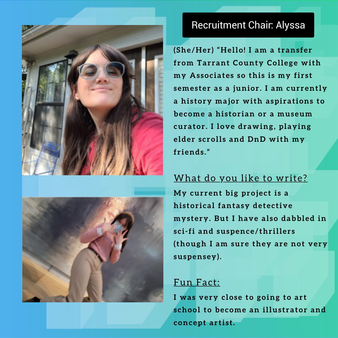 Last semester, a group of #students came together to revive the #creativecriting #club. Today, it's still going strong with more #ExecutiveOfficers assisting. To kick off the weekend, here's the first #OfficeroftheDay!

Alyssa: Recruitment Chair of #WriteClub