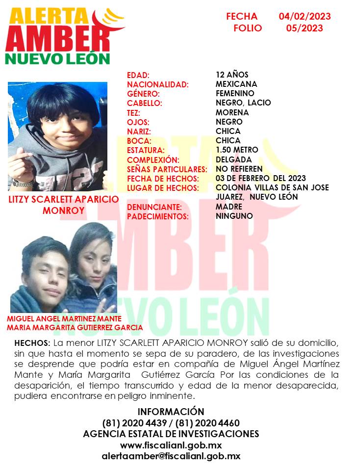 FiscaliaNL's tweet photo. Se activa #AlertaAmber 
Se solicita de su colaboración para la localización de la menores Litzy Scarlett Aparicio Monroy de 12 años de edad.
Por favor comparte. https://t.co/DJPvpoQpdG